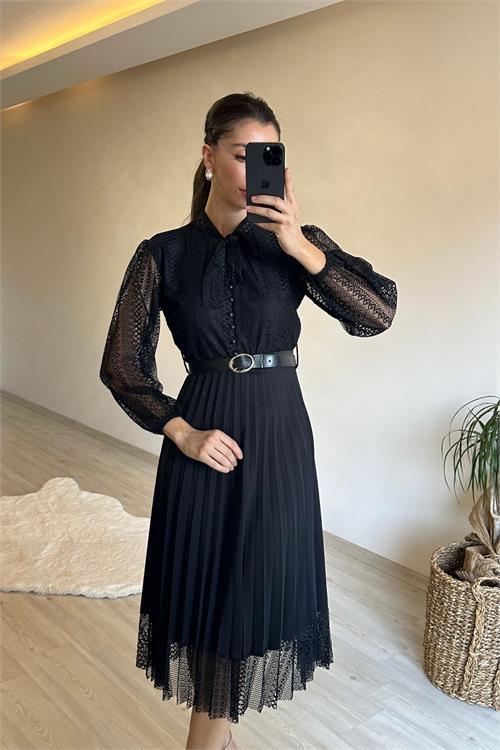 Kadın dantelli piliseli yaka bağlamalı midi elbise NM012