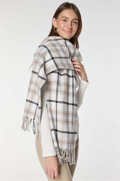 Kadın Ekose Desenli Yumuşak Dokulu Püsküllü Şal - Gri/Ekru