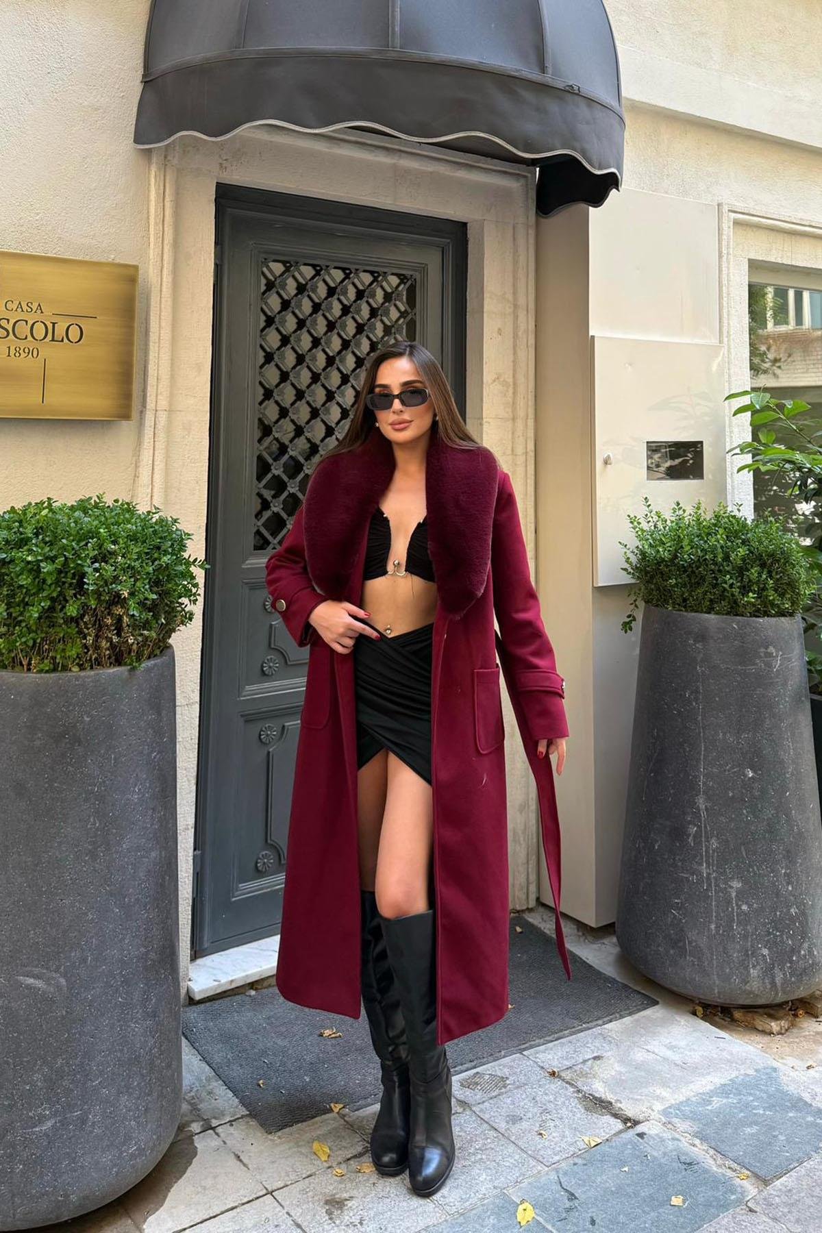 Kadın kaşe kumaş cepli yaka kürklü tam boy kuşaklı kaban DPSTR1003