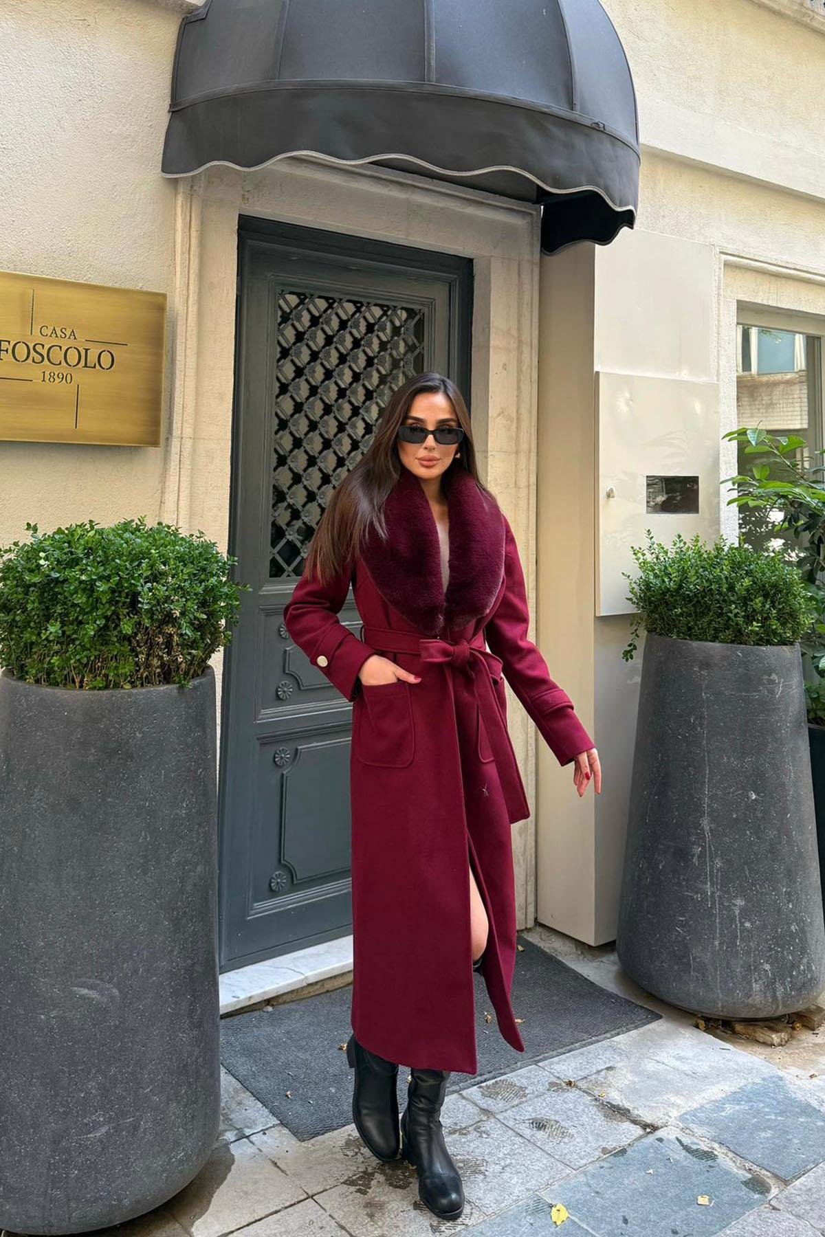 Kadın kaşe kumaş cepli yaka kürklü tam boy kuşaklı kaban DPSTR1003