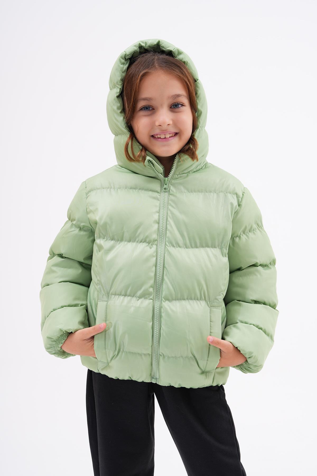 Kız Çocuk Açık Yeşil Su Geçirmez İç Polarlı Kışlık Mont DPRBC014