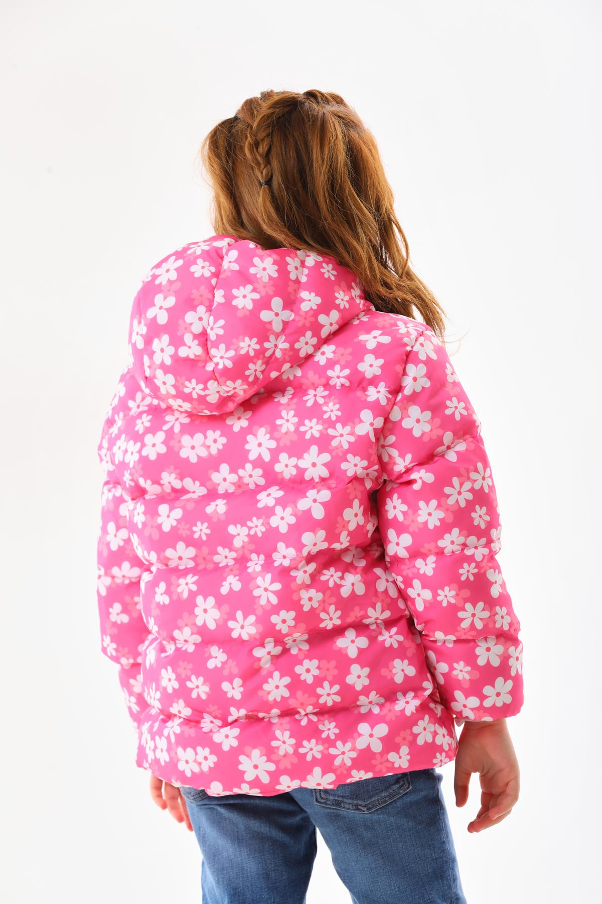 Kız Çocuk Çiçek Desenli İç Polarlı Kışlık Şişme Mont DPRBC007