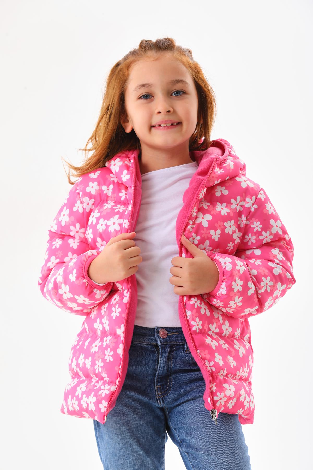 Kız Çocuk Çiçek Desenli İç Polarlı Kışlık Şişme Mont DPRBC007