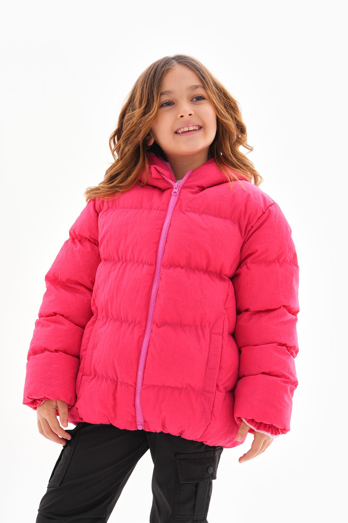 Kız Çocuk Fuşya Su Geçirmez İç Polarlı Kışlık Şişme Mont DPRBC014
