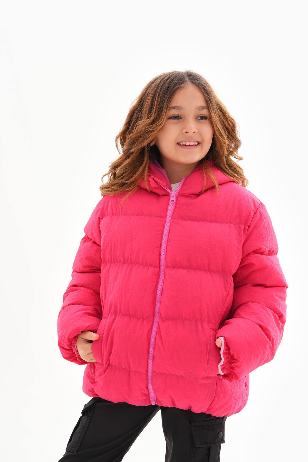 Kız Çocuk Fuşya Su Geçirmez İç Polarlı Kışlık Şişme Mont DPRBC014