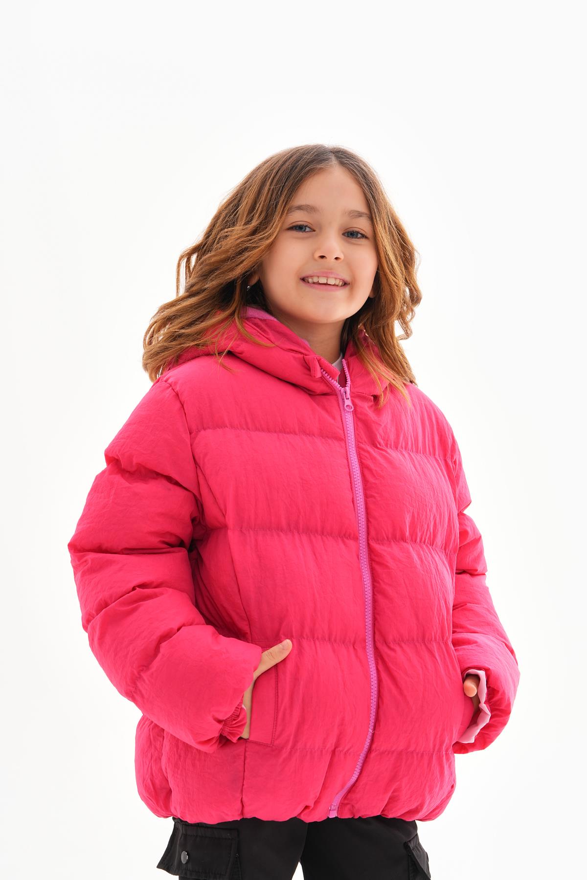 Kız Çocuk Fuşya Su Geçirmez İç Polarlı Kışlık Şişme Mont DPRBC014
