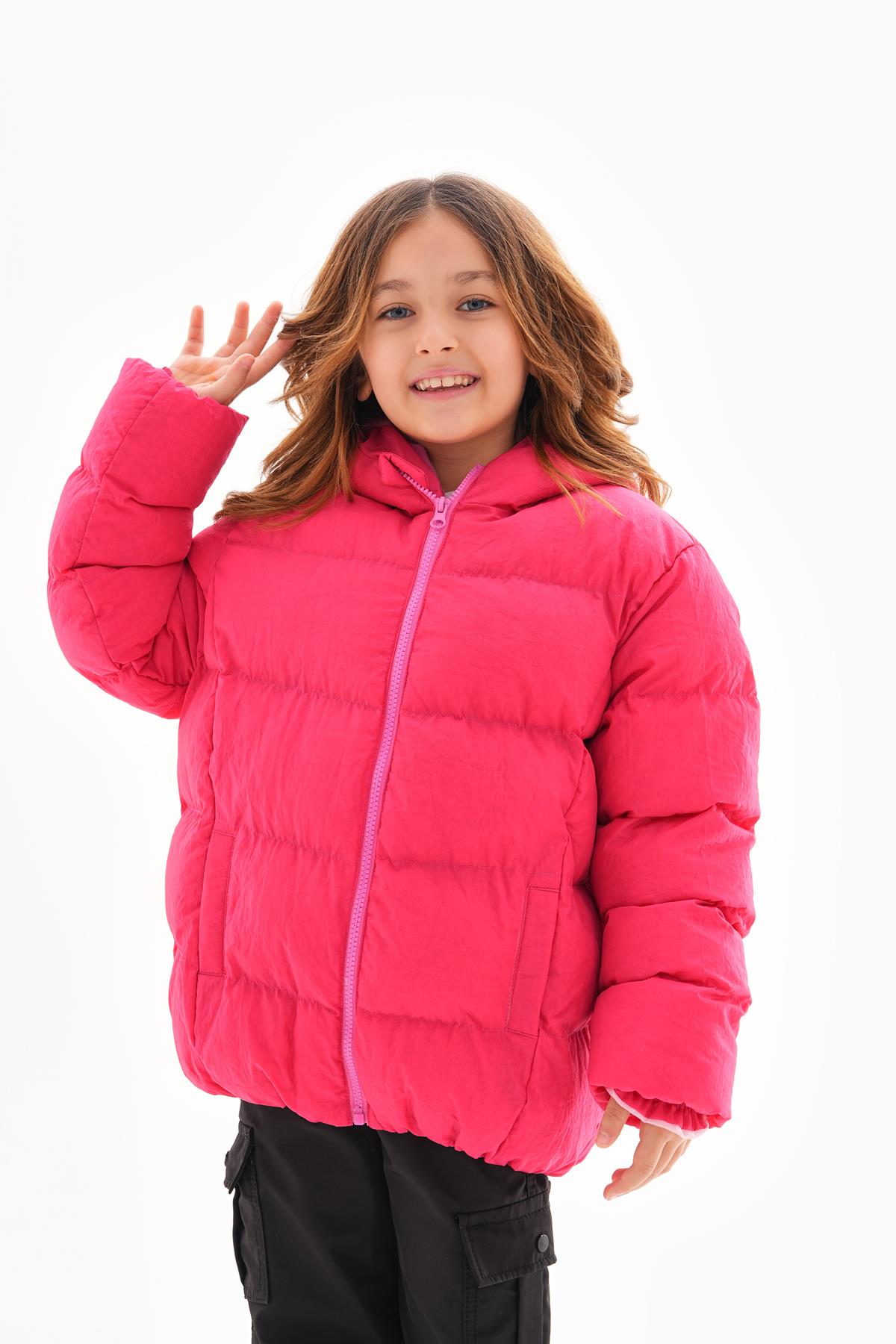 Kız Çocuk Fuşya Su Geçirmez İç Polarlı Kışlık Şişme Mont DPRBC014