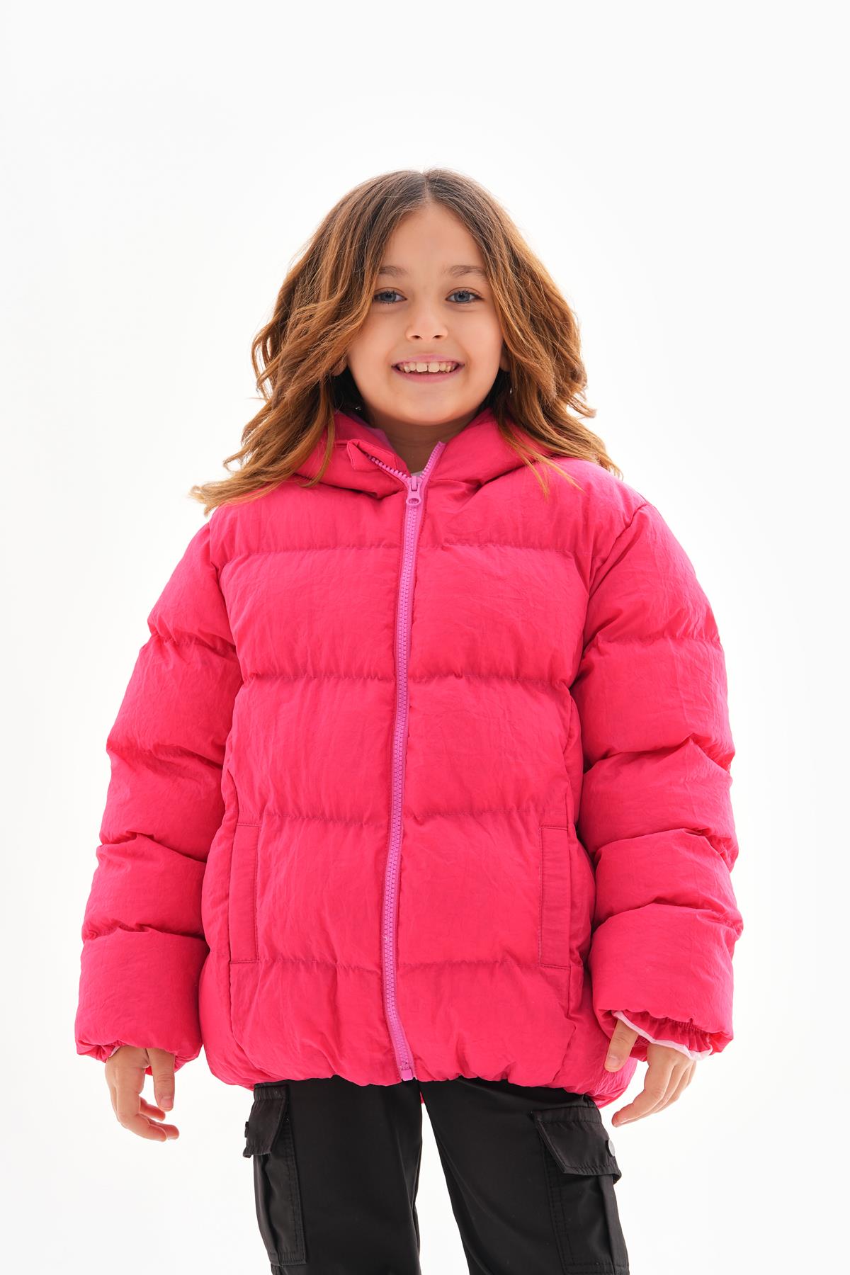 Kız Çocuk Fuşya Su Geçirmez İç Polarlı Kışlık Şişme Mont DPRBC014
