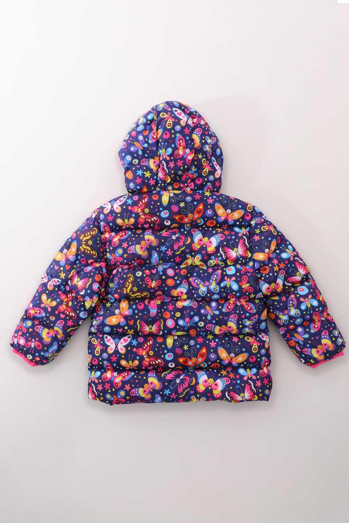 Kız Çocuk Kelebek Desenli İç Polarlı Kışlık Şişme Mont DPRBC013