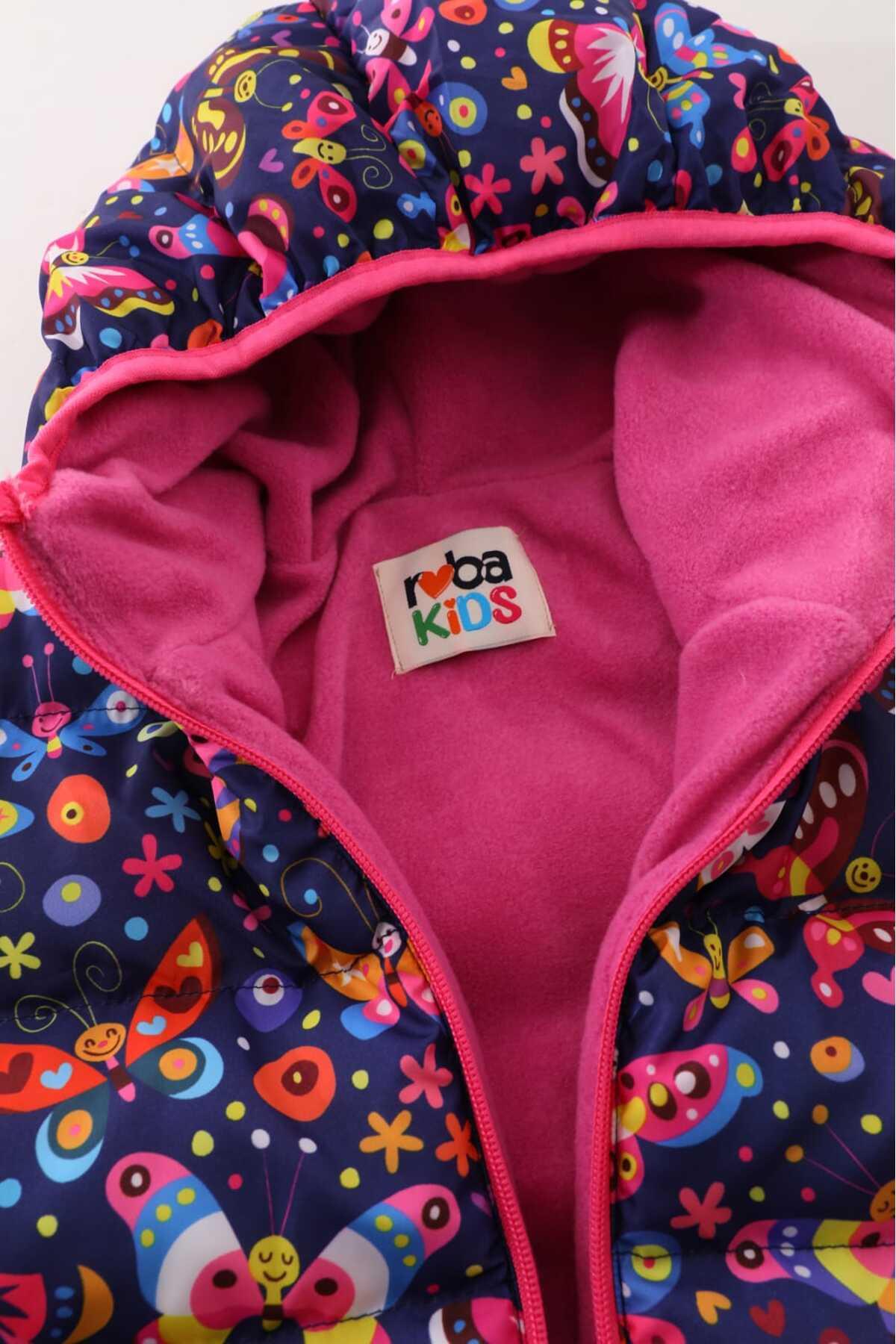 Kız Çocuk Kelebek Desenli İç Polarlı Kışlık Şişme Mont DPRBC013