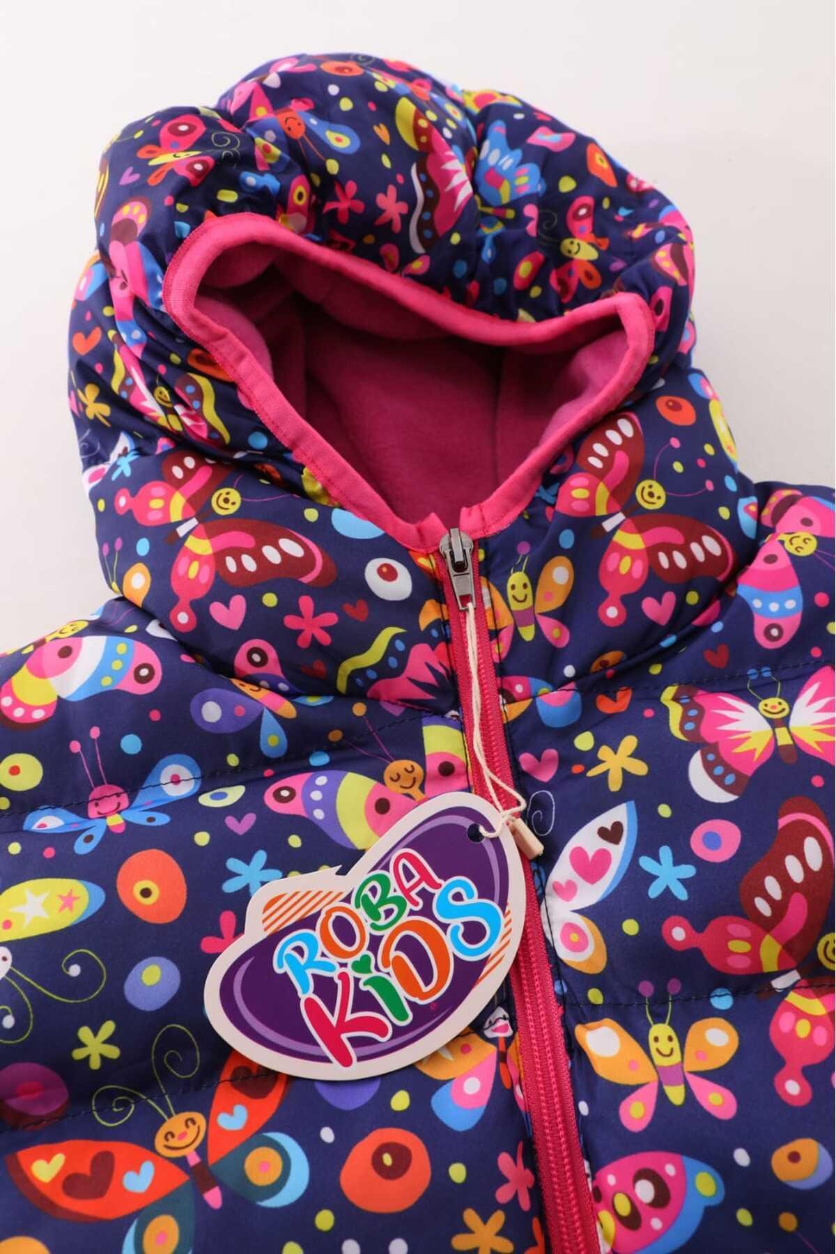 Kız Çocuk Kelebek Desenli İç Polarlı Kışlık Şişme Mont DPRBC013