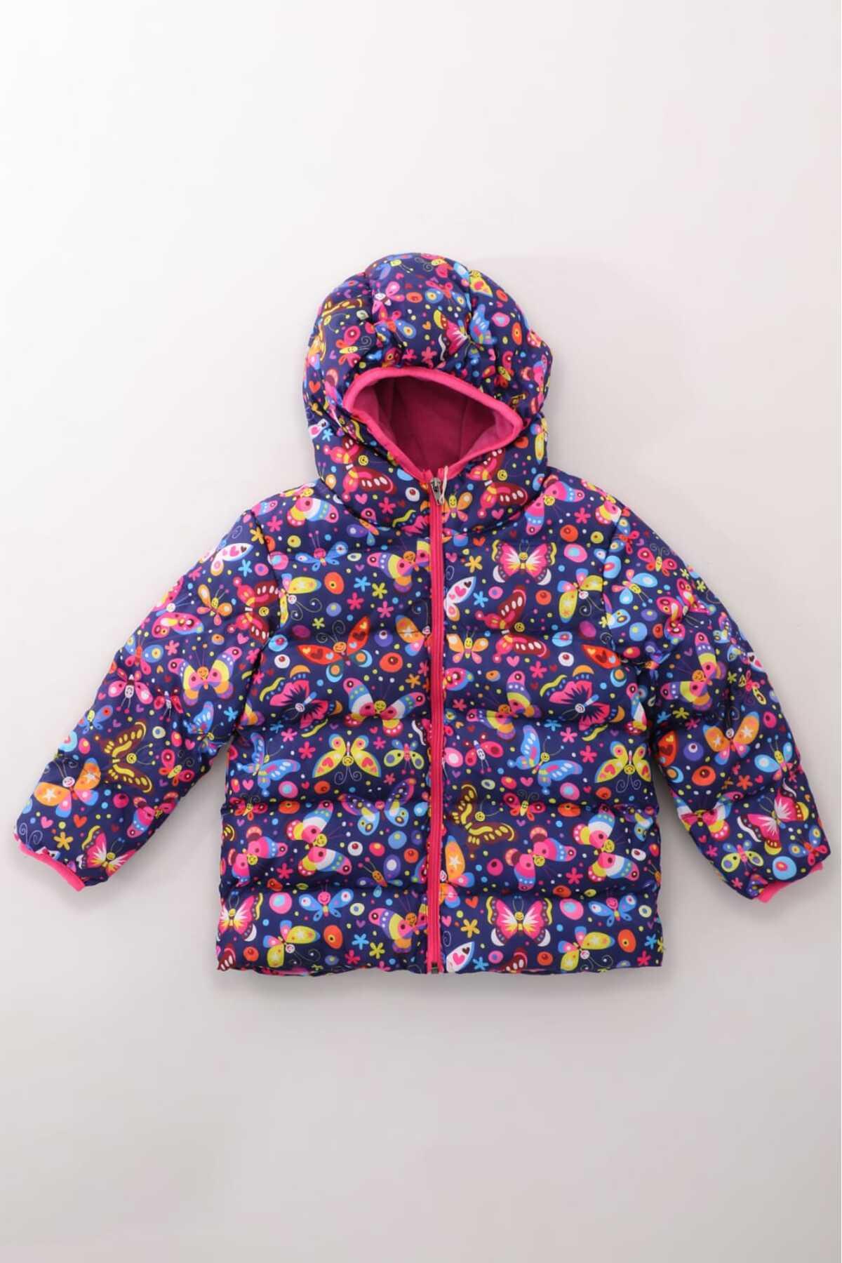 Kız Çocuk Kelebek Desenli İç Polarlı Kışlık Şişme Mont DPRBC013