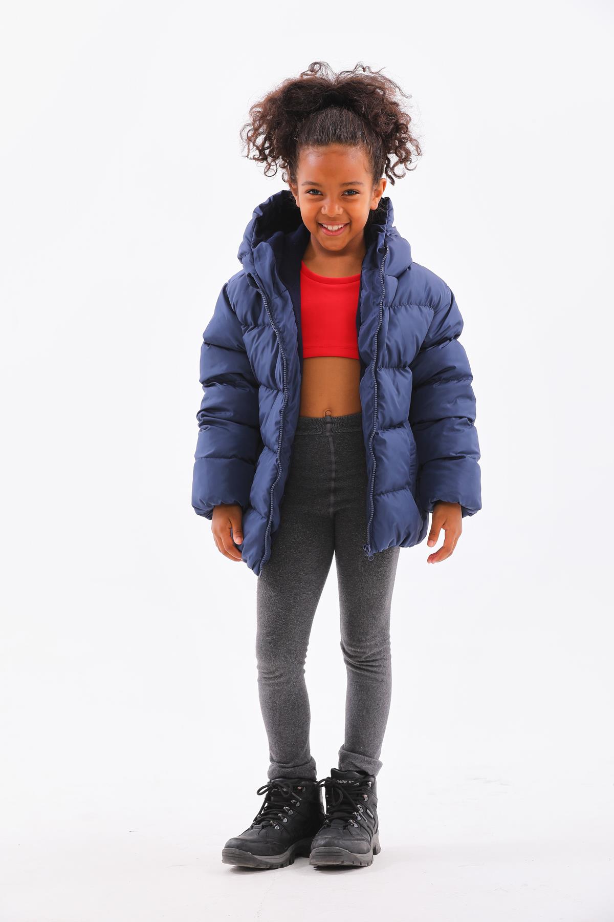 Kız Çocuk Lacivert Su Geçirmez İç Polarlı Kışlık Şişme Mont DPRBC014