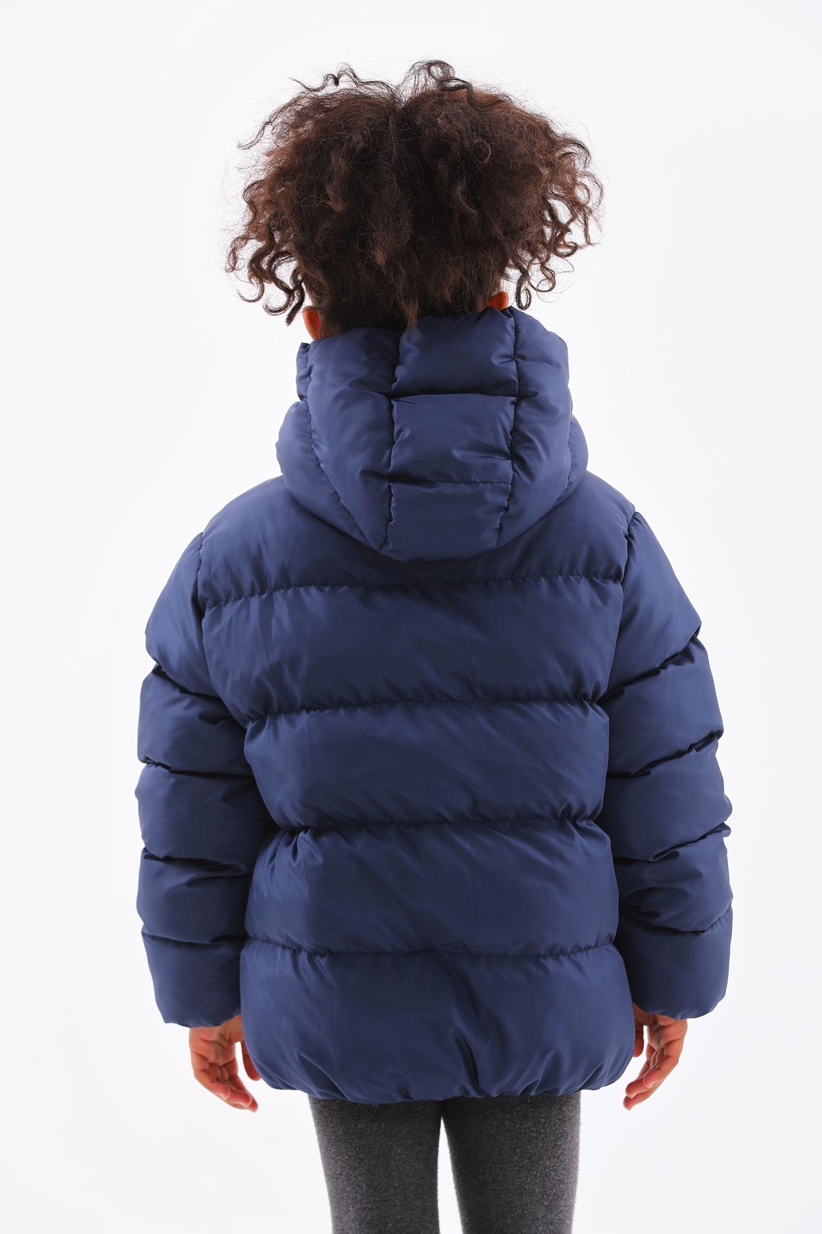 Kız Çocuk Lacivert Su Geçirmez İç Polarlı Kışlık Şişme Mont DPRBC014