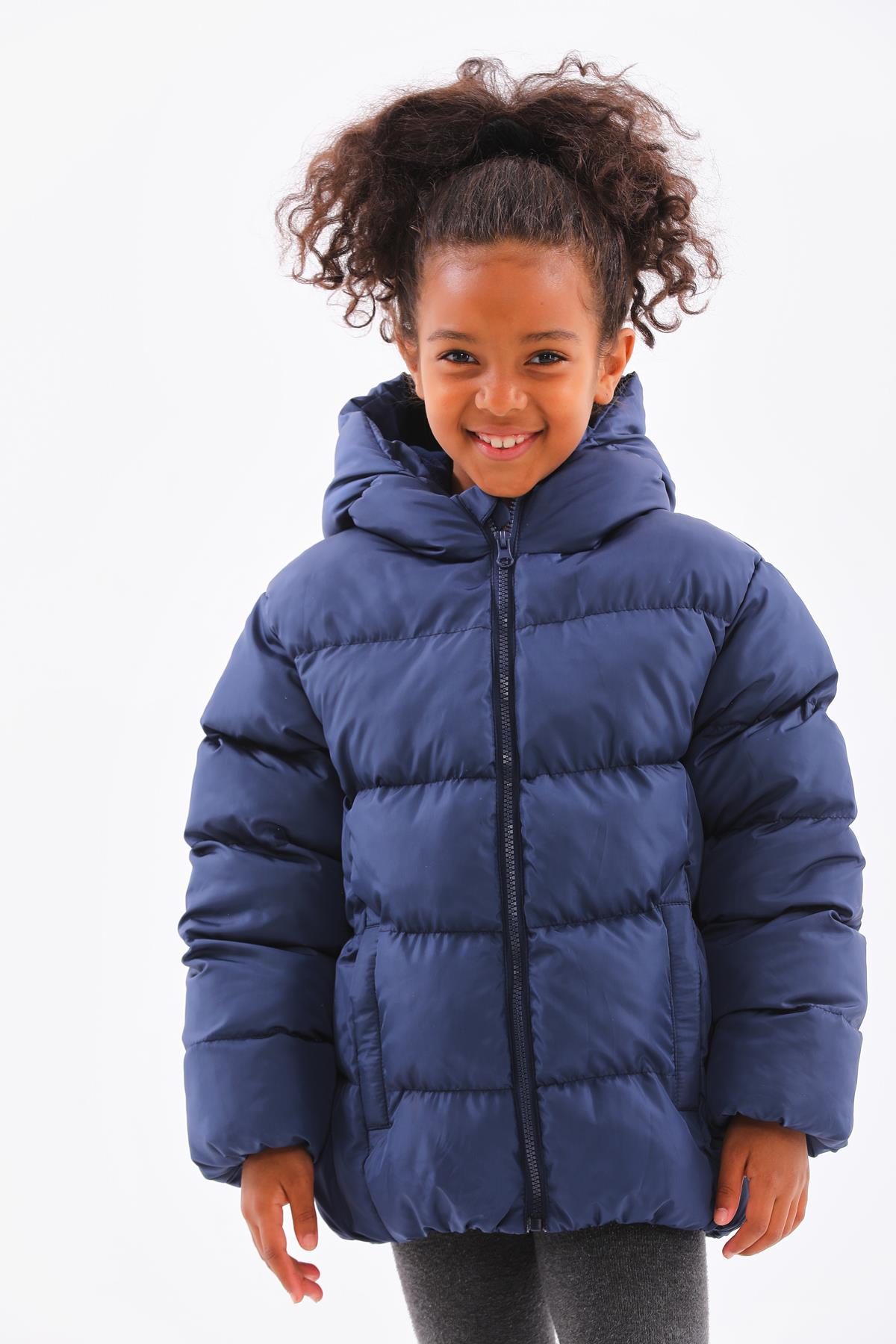 Kız Çocuk Lacivert Su Geçirmez İç Polarlı Kışlık Şişme Mont DPRBC014