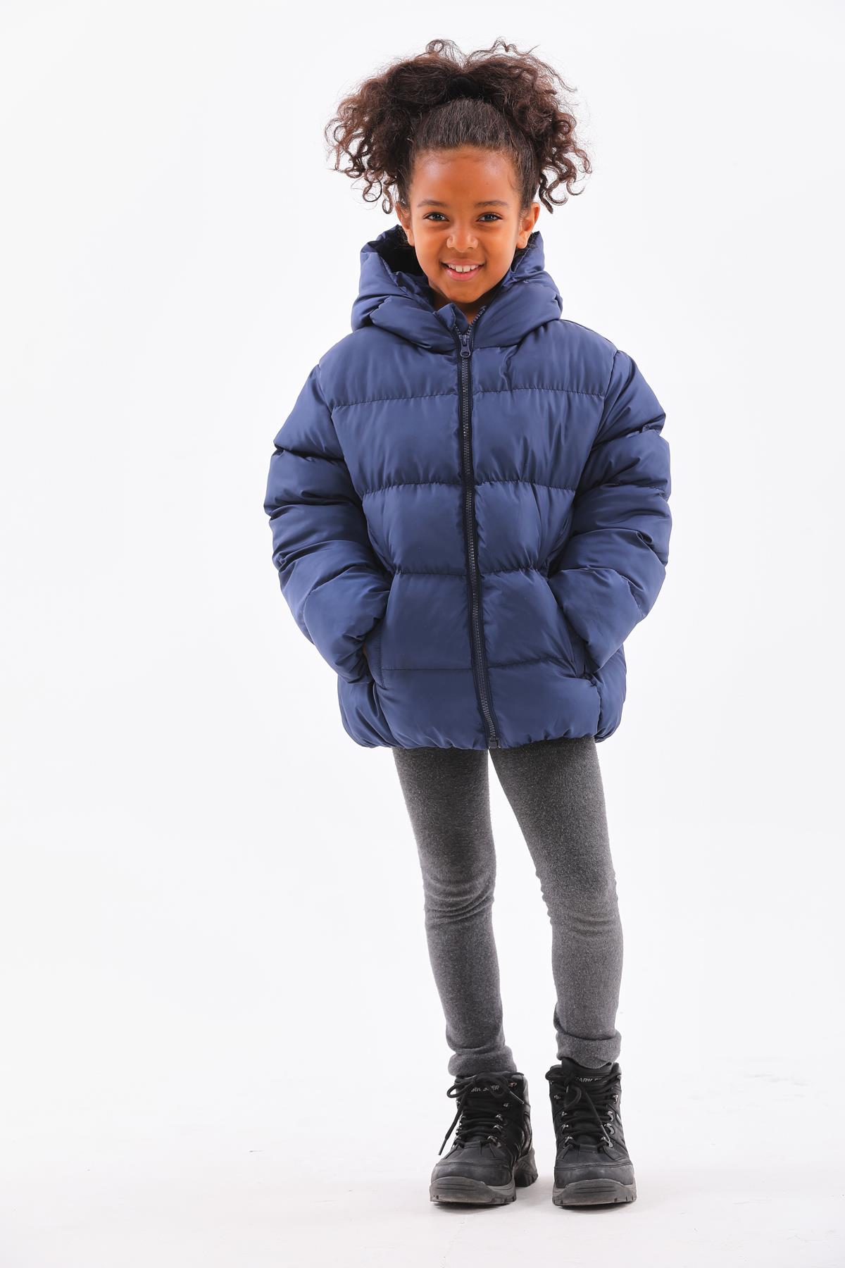 Kız Çocuk Lacivert Su Geçirmez İç Polarlı Kışlık Şişme Mont DPRBC014