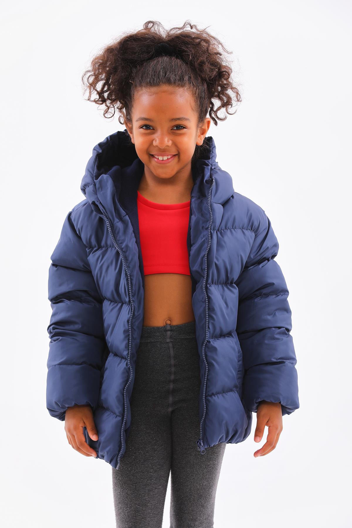 Kız Çocuk Lacivert Su Geçirmez İç Polarlı Kışlık Şişme Mont DPRBC014