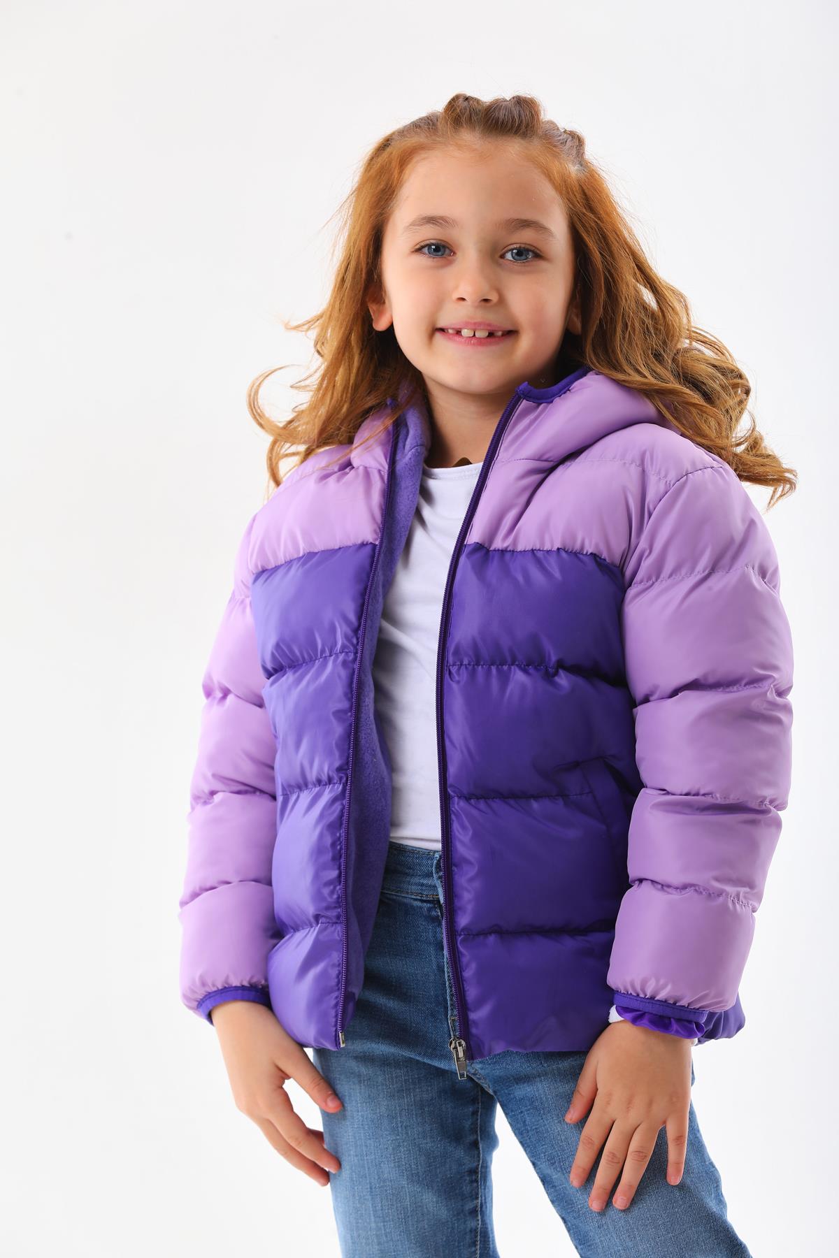 Kız Çocuk Lila Robalı Su Geçirmez İç Polarlı Kışlık Mont DPRBC012