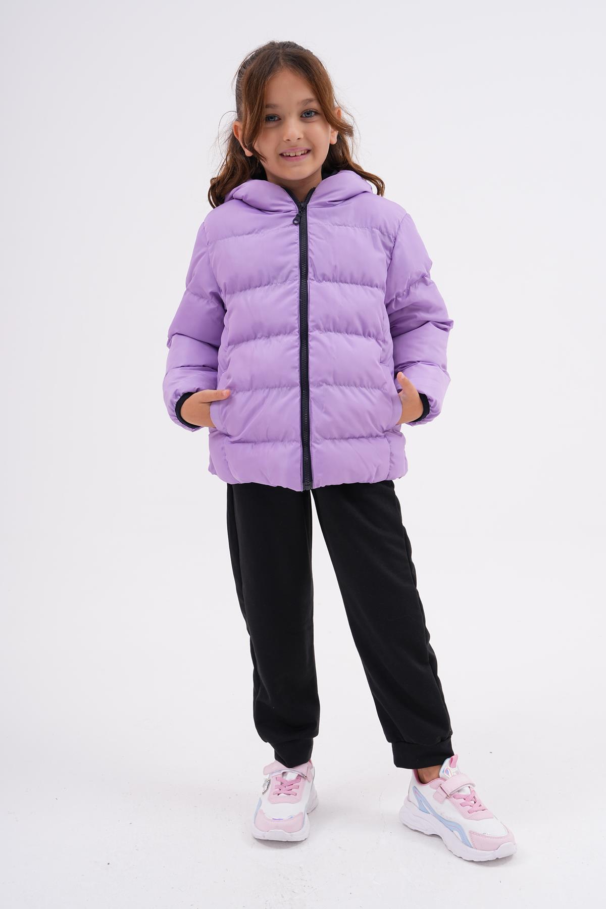 Kız Çocuk Lila Su Geçirmez İç Polarlı Kışlık Şişme Mont DPRBC015