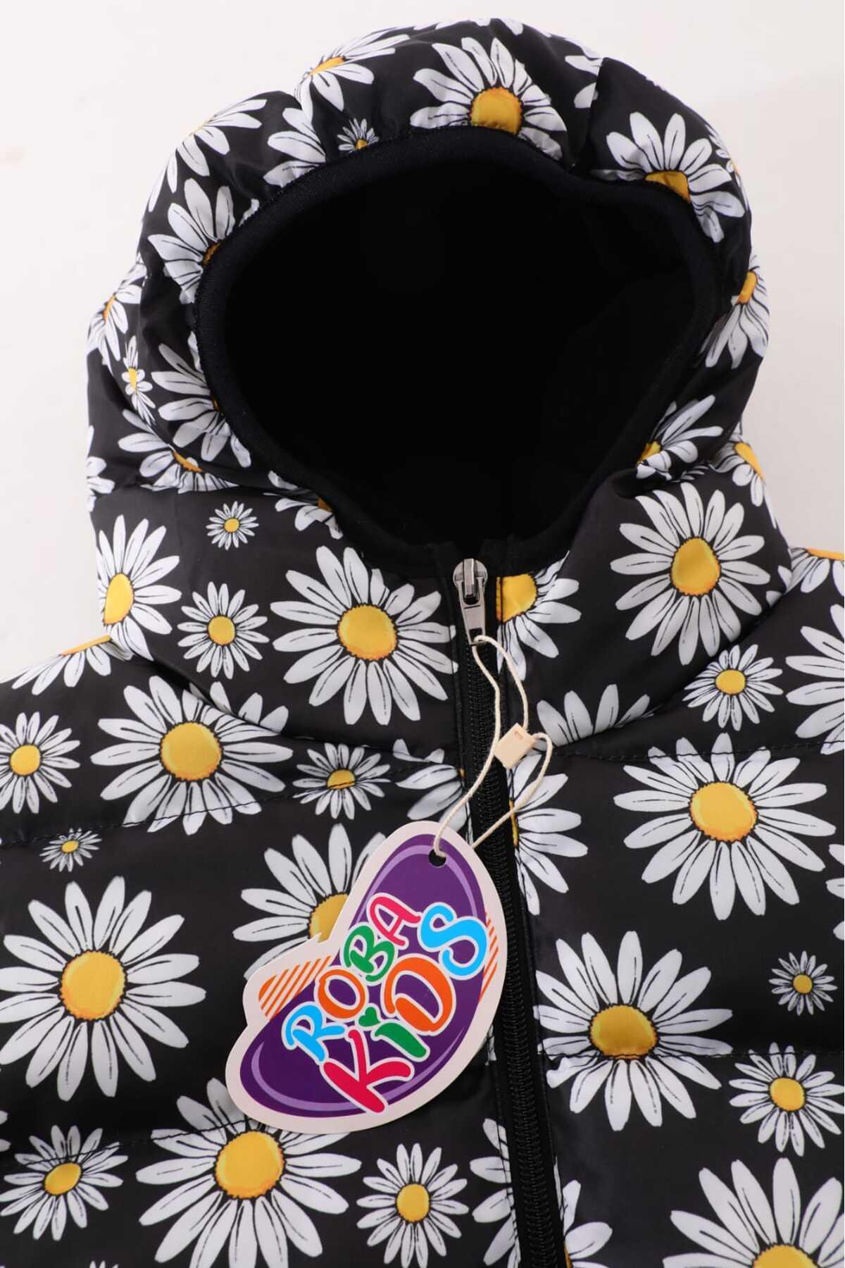 Kız Çocuk Papatya Desenli İç Polarlı Kışlık Şişme Mont DPRBC010