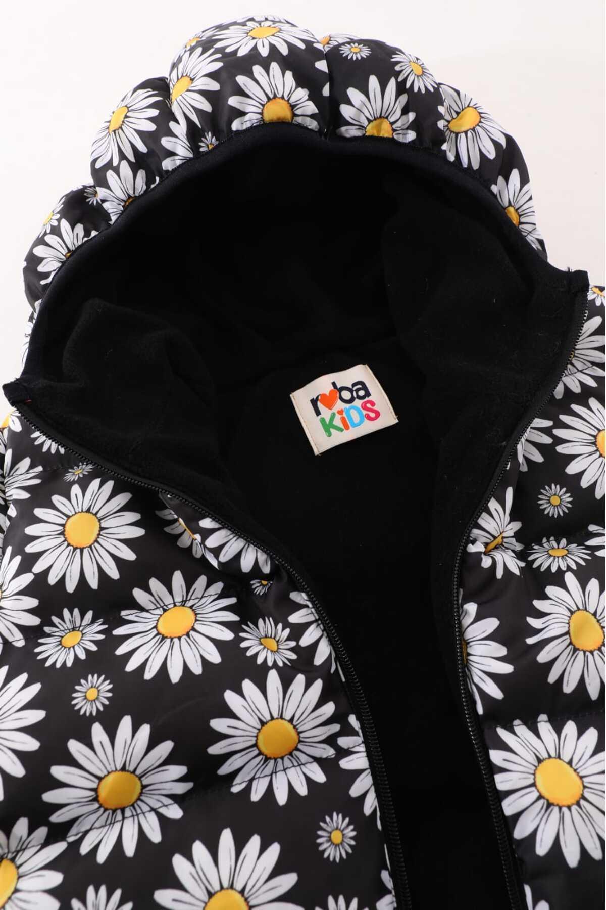 Kız Çocuk Papatya Desenli İç Polarlı Kışlık Şişme Mont DPRBC010