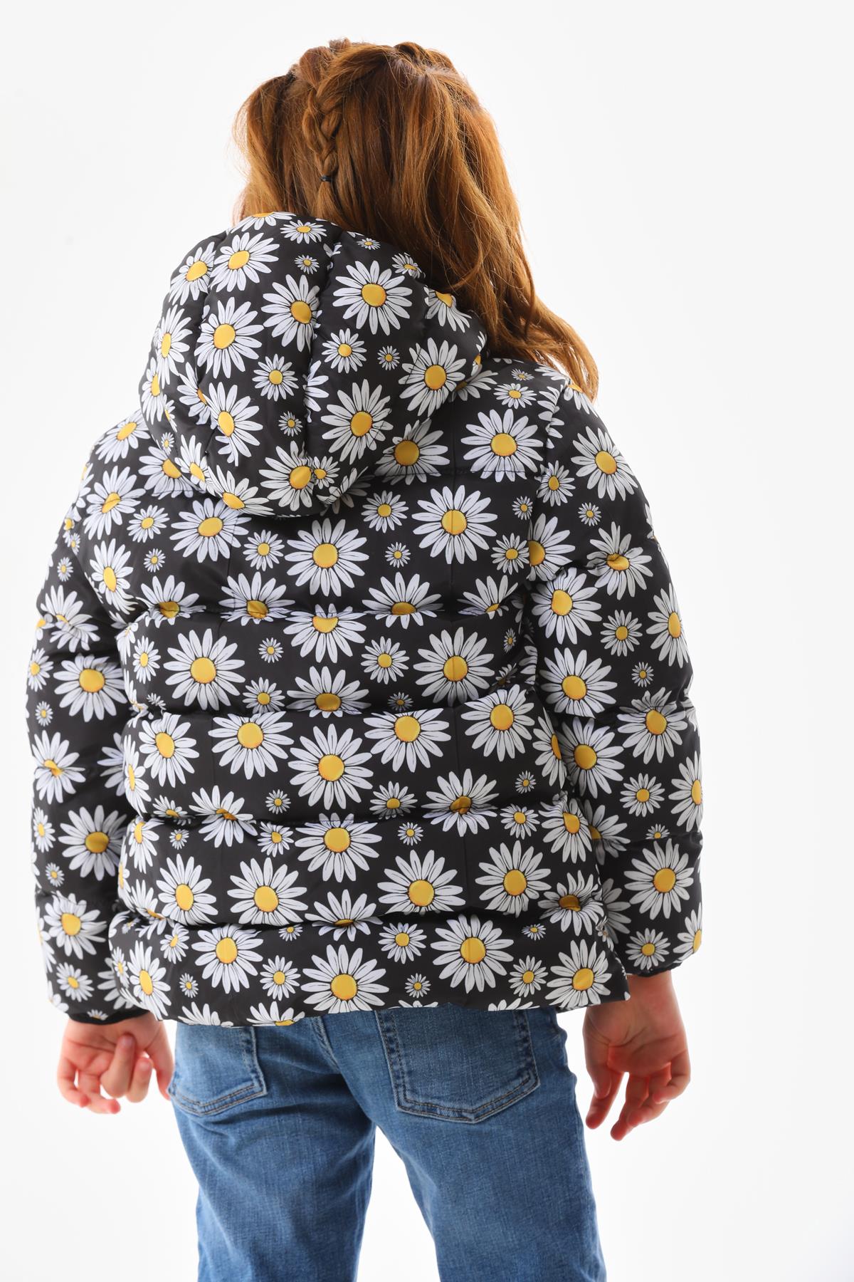 Kız Çocuk Papatya Desenli İç Polarlı Kışlık Şişme Mont DPRBC010