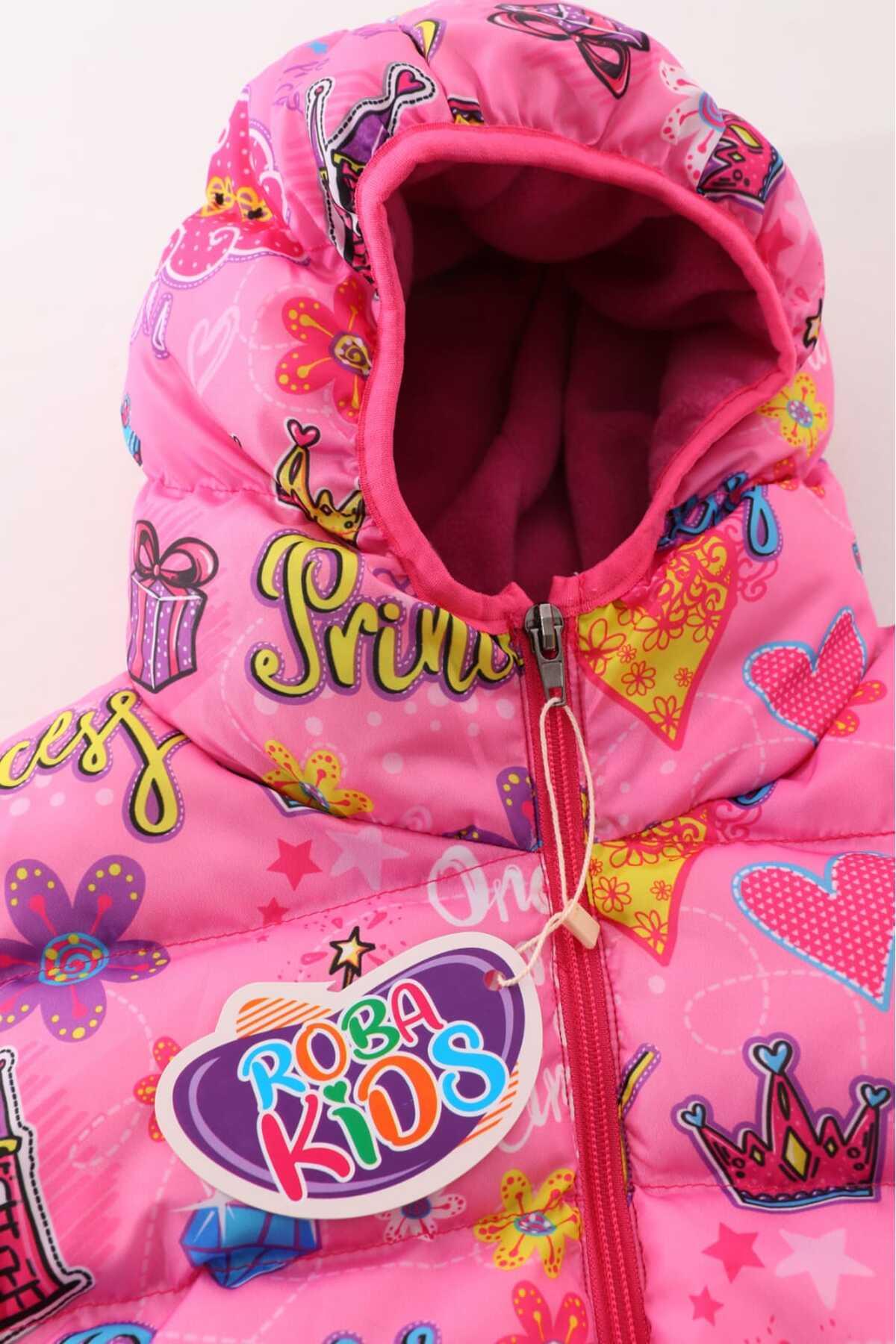 Kız Çocuk Pembe Prenses Desenli İç Polarlı Kışlık Mont DPRBC018