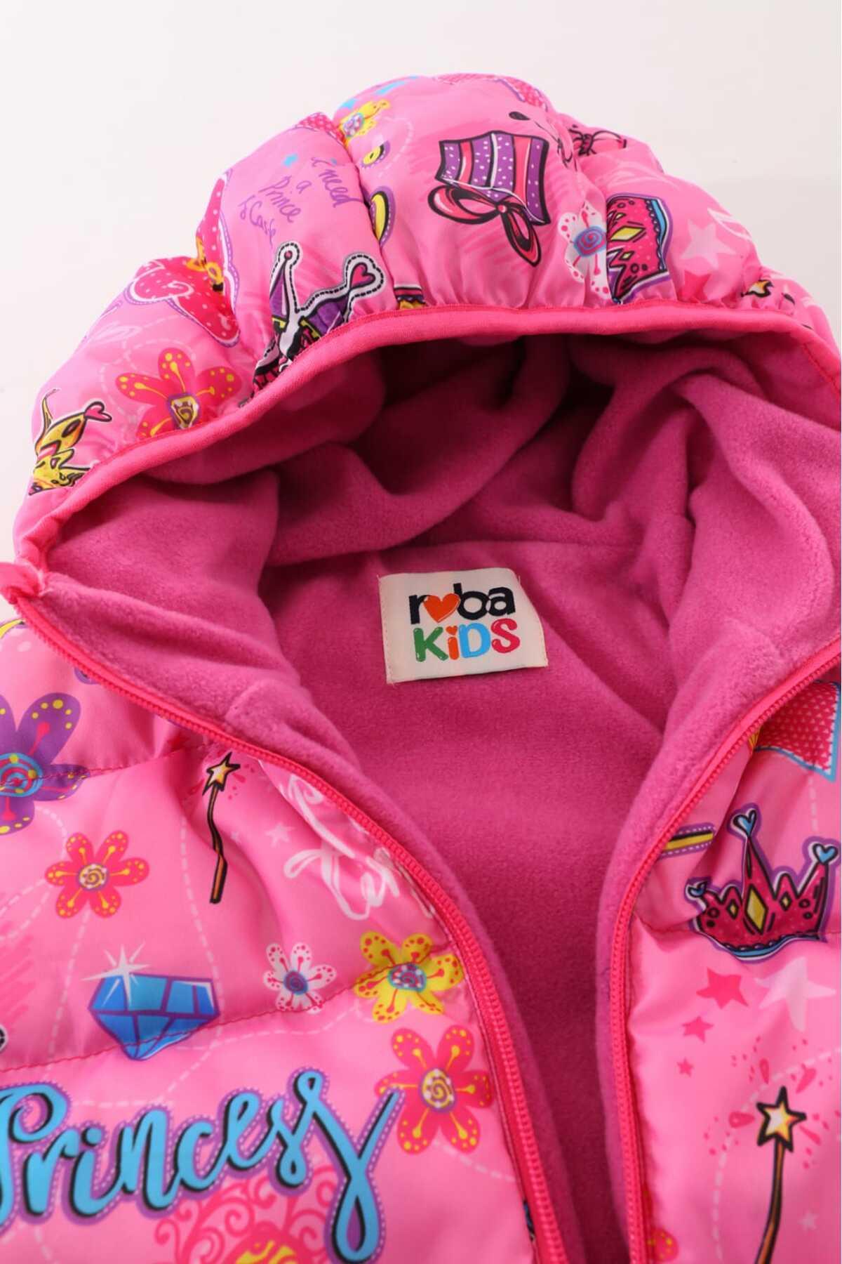 Kız Çocuk Pembe Prenses Desenli İç Polarlı Kışlık Mont DPRBC018