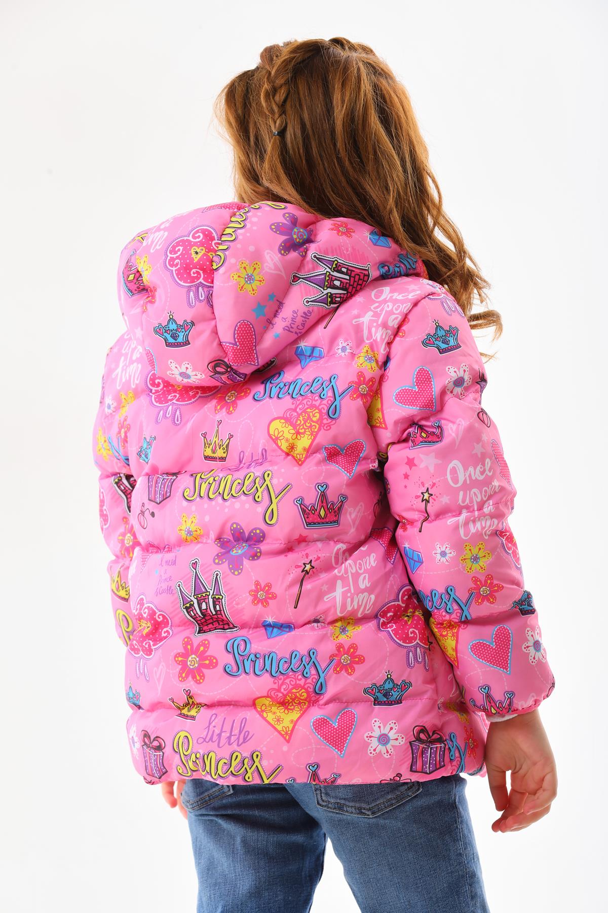 Kız Çocuk Pembe Prenses Desenli İç Polarlı Kışlık Mont DPRBC018