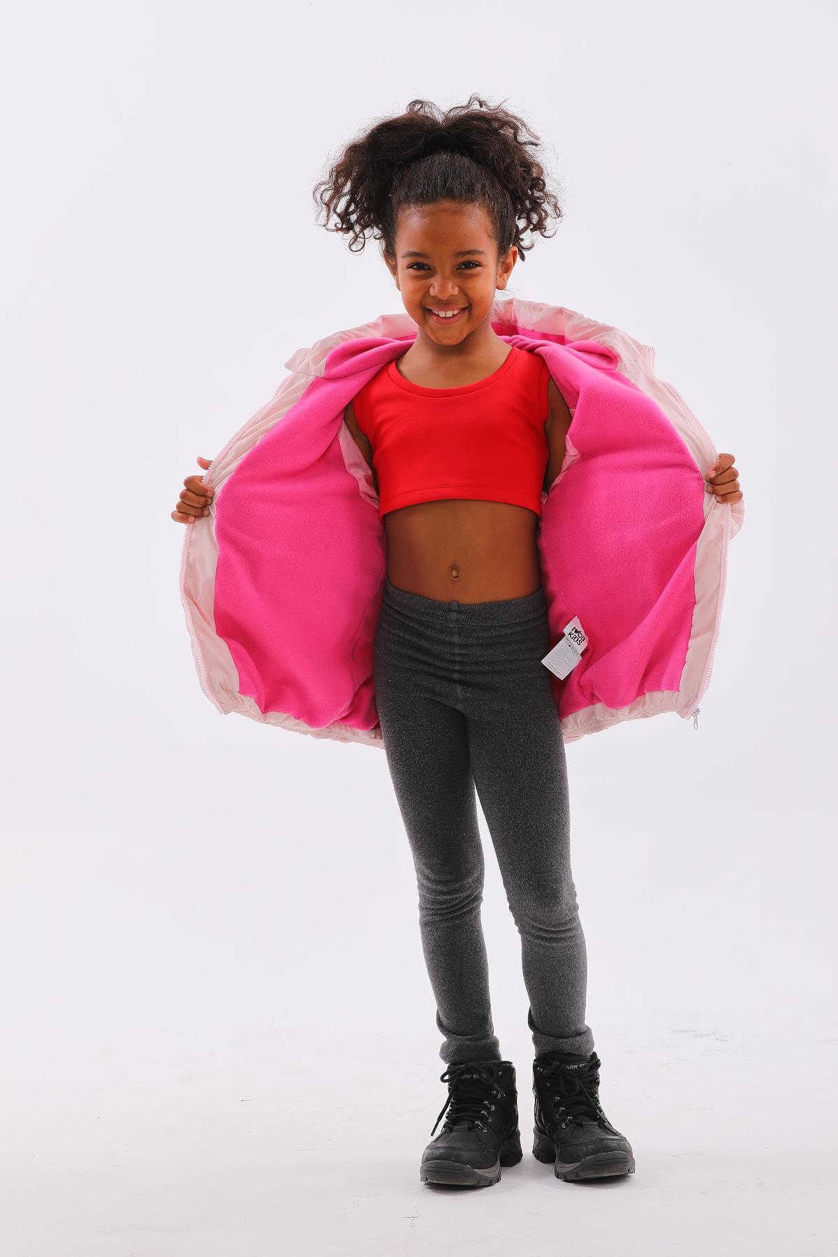 Kız Çocuk Pembe Su Geçirmez İç Polarlı Kışlık Şişme Mont DPRBC014