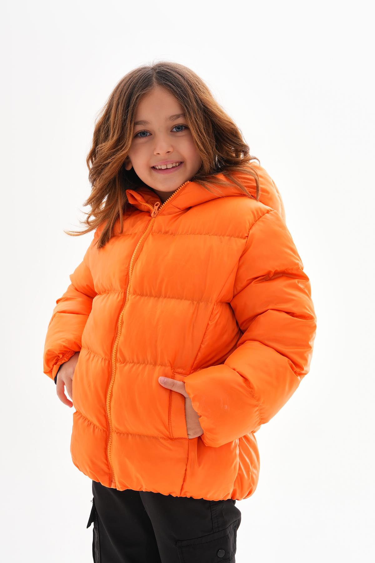 Kız Çocuk Turuncu Su Geçirmez İç Polarlı Kışlık Şişme Mont DPRBC014
