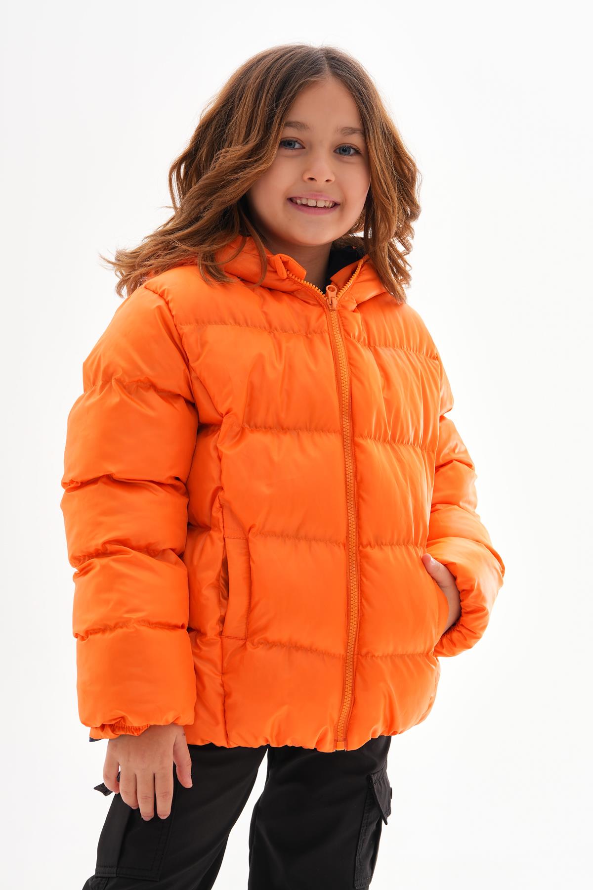 Kız Çocuk Turuncu Su Geçirmez İç Polarlı Kışlık Şişme Mont DPRBC014