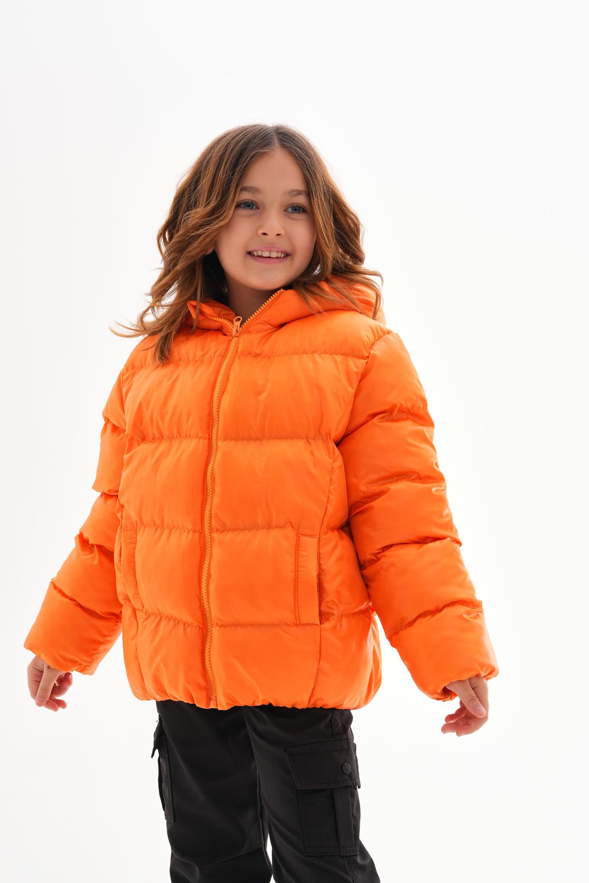 Kız Çocuk Turuncu Su Geçirmez İç Polarlı Kışlık Şişme Mont DPRBC014