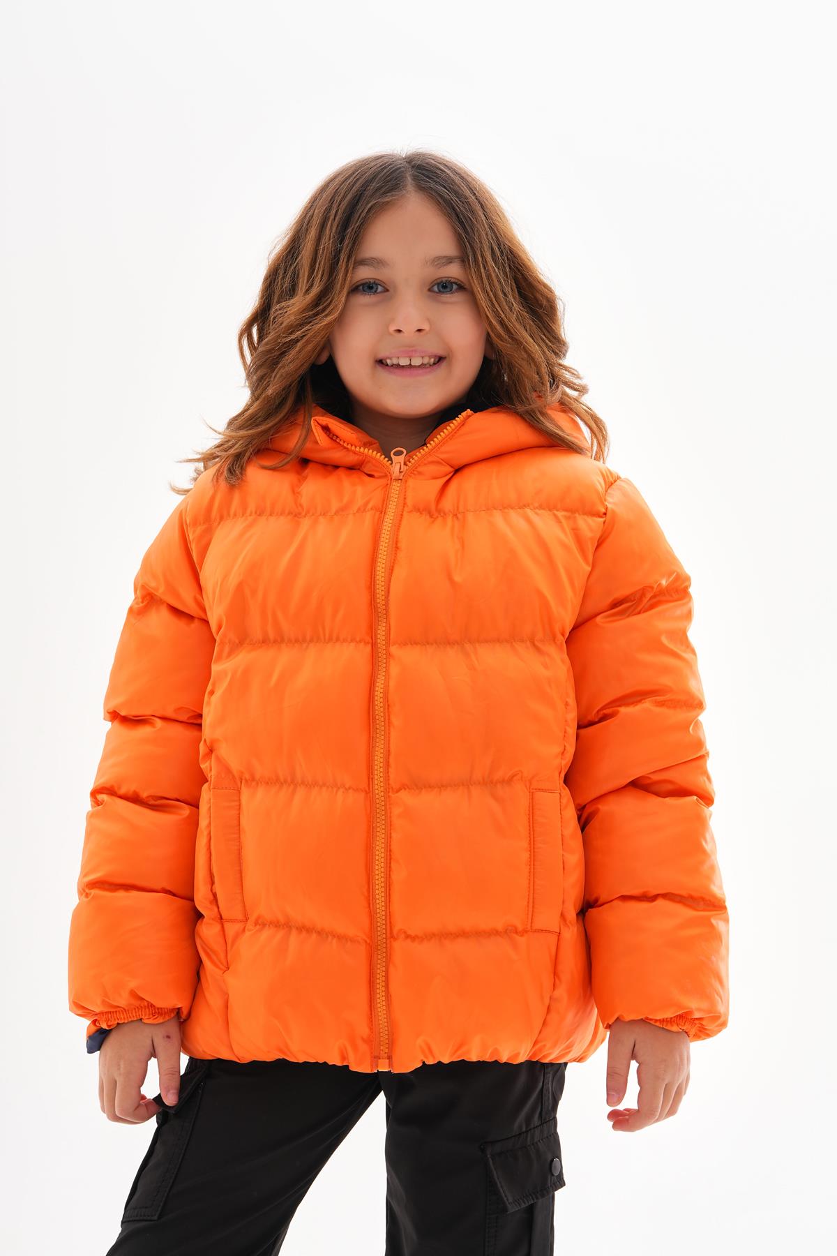 Kız Çocuk Turuncu Su Geçirmez İç Polarlı Kışlık Şişme Mont DPRBC014