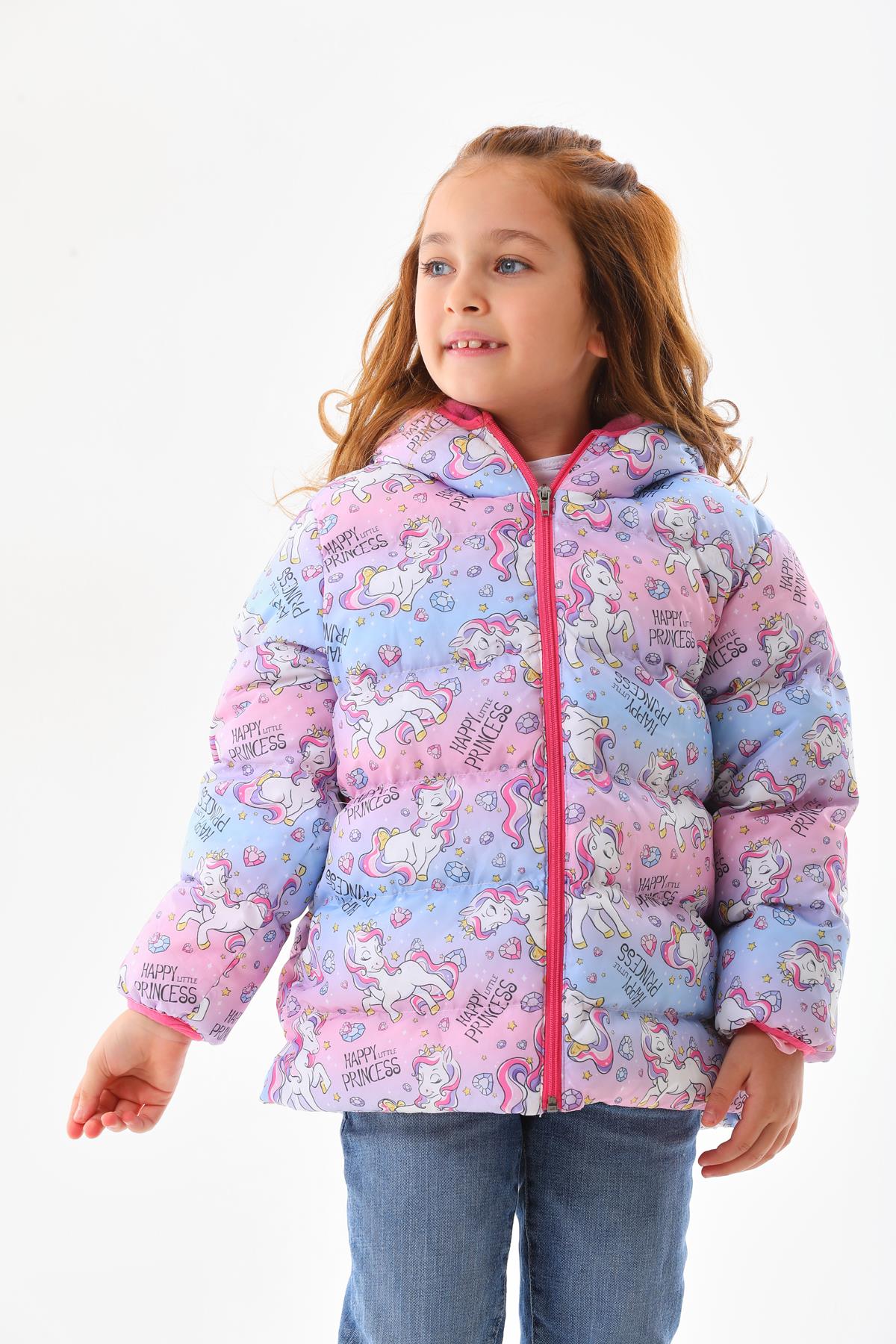 Kız Çocuk Unicorn Desenli İç Polarlı Kışlık Şişme Mont DPRBC011