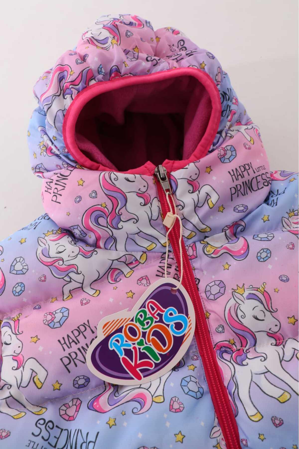 Kız Çocuk Unicorn Desenli İç Polarlı Kışlık Şişme Mont DPRBC011