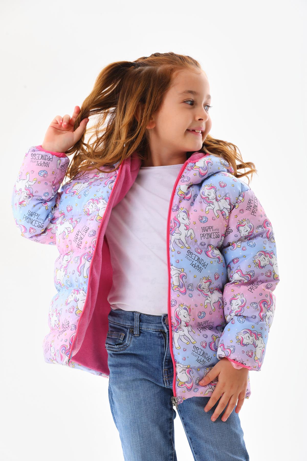 Kız Çocuk Unicorn Desenli İç Polarlı Kışlık Şişme Mont DPRBC011