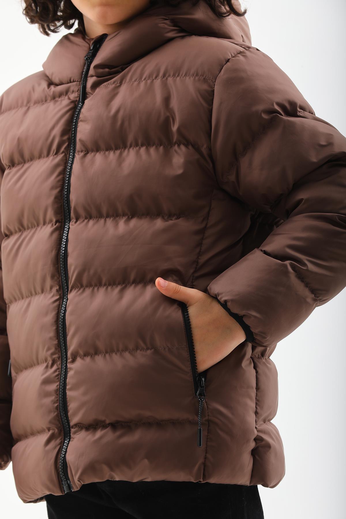 Kız Erkek Çocuk Kahverengi Su Geçirmez İç Polarlı Kışlık Mont DPRBC015