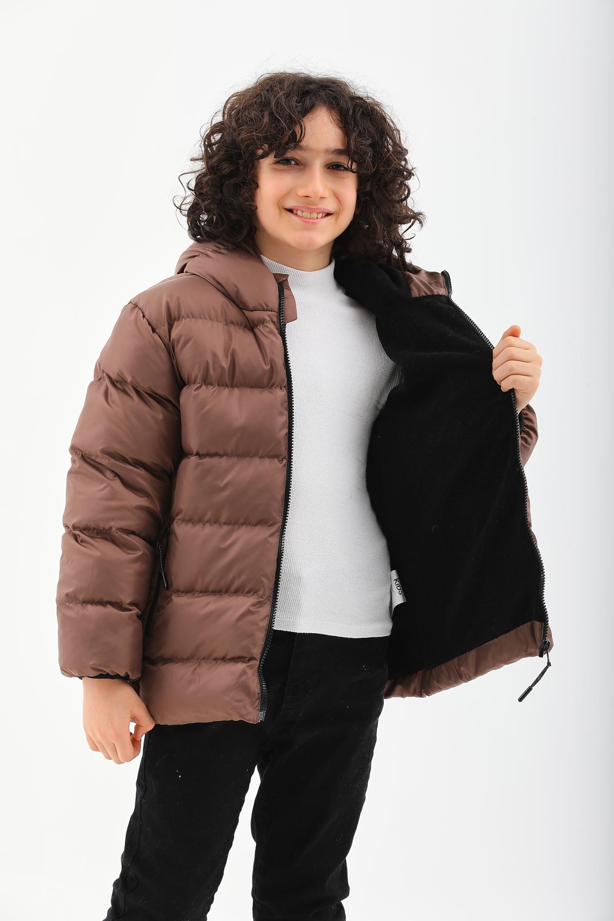 Kız Erkek Çocuk Kahverengi Su Geçirmez İç Polarlı Kışlık Mont DPRBC015