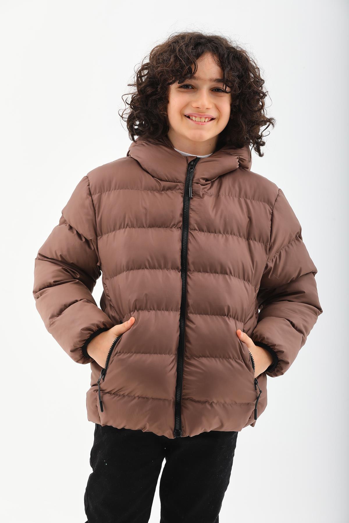 Kız Erkek Çocuk Kahverengi Su Geçirmez İç Polarlı Kışlık Mont DPRBC015