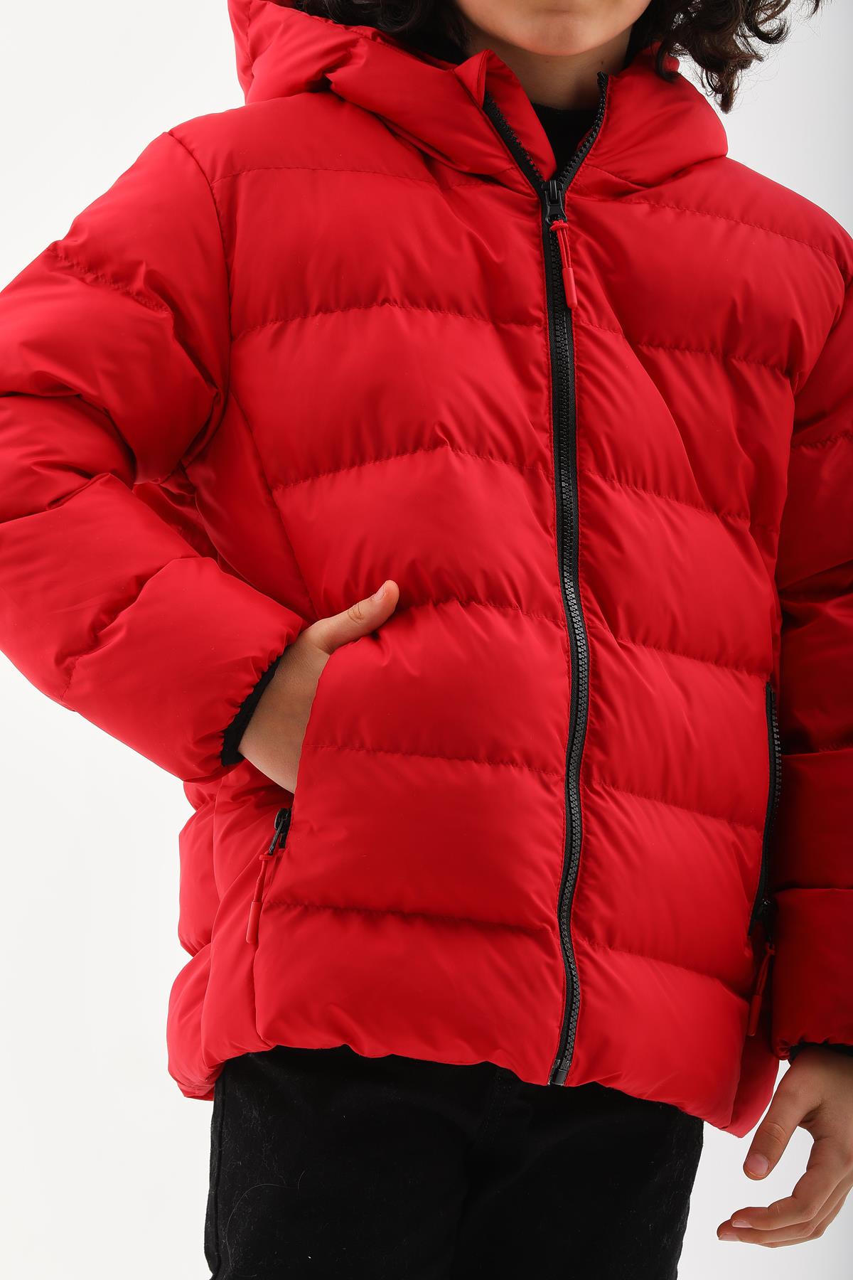 Kız Erkek Çocuk Kırmızı Su Geçirmez İç Polarlı Kışlık Mont DPRBC015