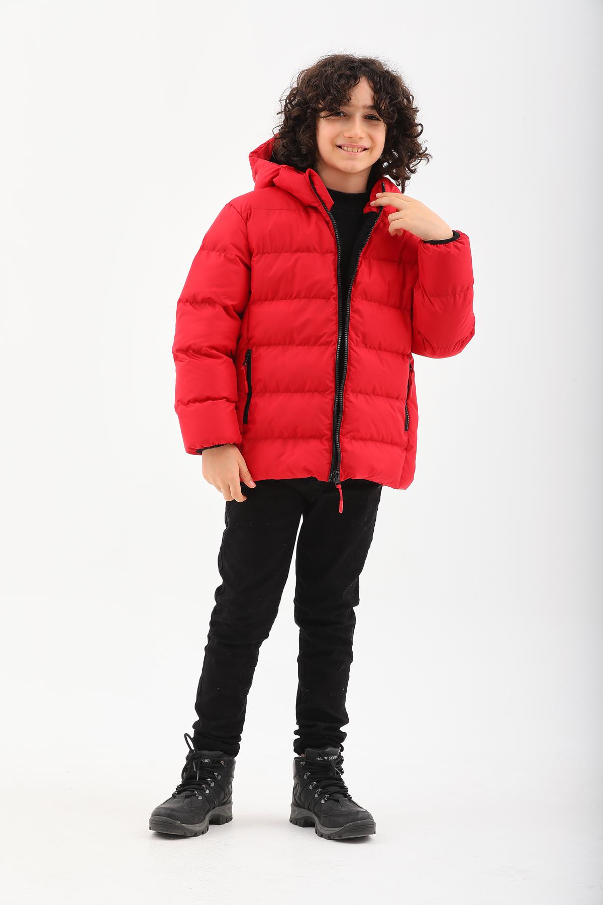 Kız Erkek Çocuk Kırmızı Su Geçirmez İç Polarlı Kışlık Mont DPRBC015