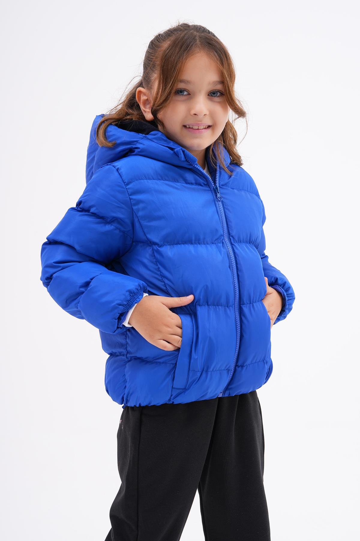 Kız Erkek Çocuk Saks Mavisi Su Geçirmez İç Polarlı Mont DPRBC014