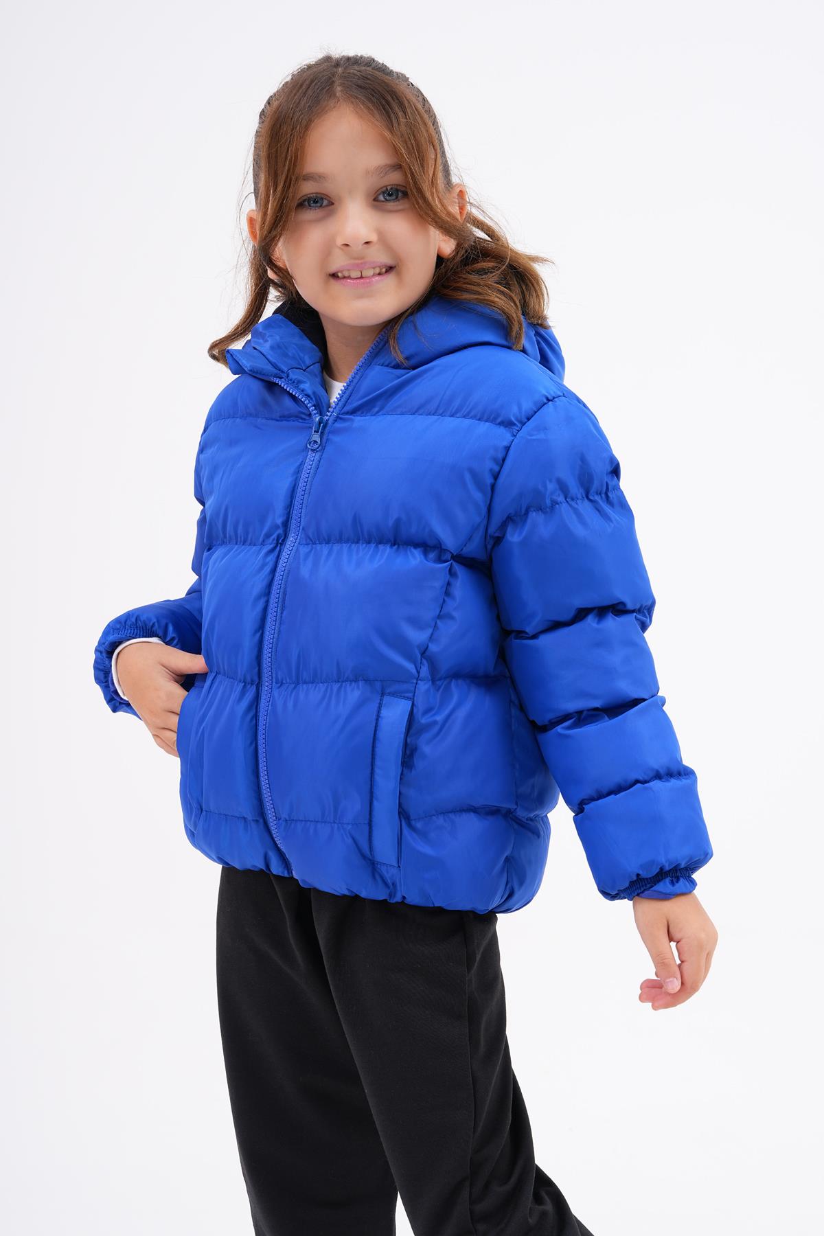 Kız Erkek Çocuk Saks Mavisi Su Geçirmez İç Polarlı Mont DPRBC014