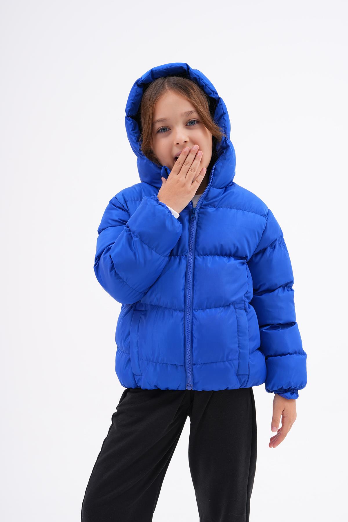 Kız Erkek Çocuk Saks Mavisi Su Geçirmez İç Polarlı Mont DPRBC014