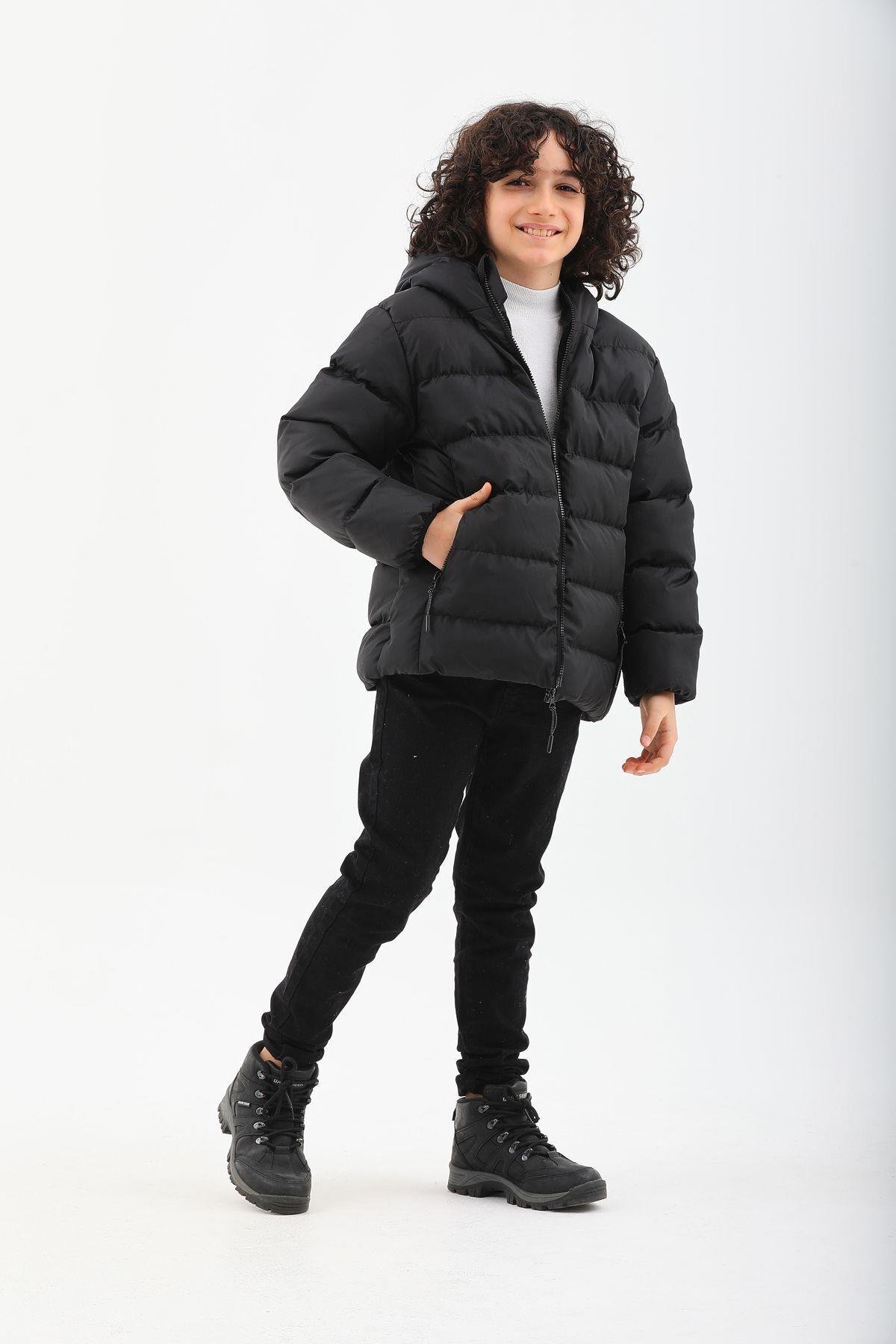 Kız Erkek Çocuk Siyah Su Geçirmez İç Polarlı Kışlık Mont DPRBC015