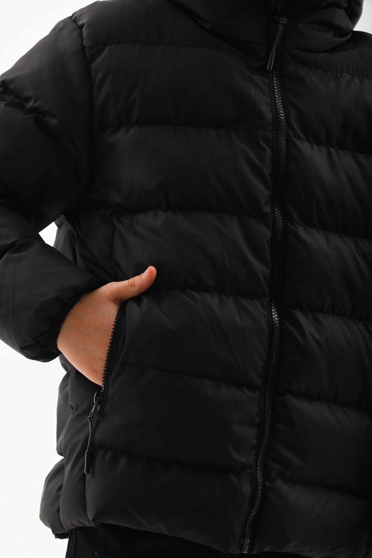 Kız Erkek Çocuk Siyah Su Geçirmez İç Polarlı Kışlık Mont DPRBC015