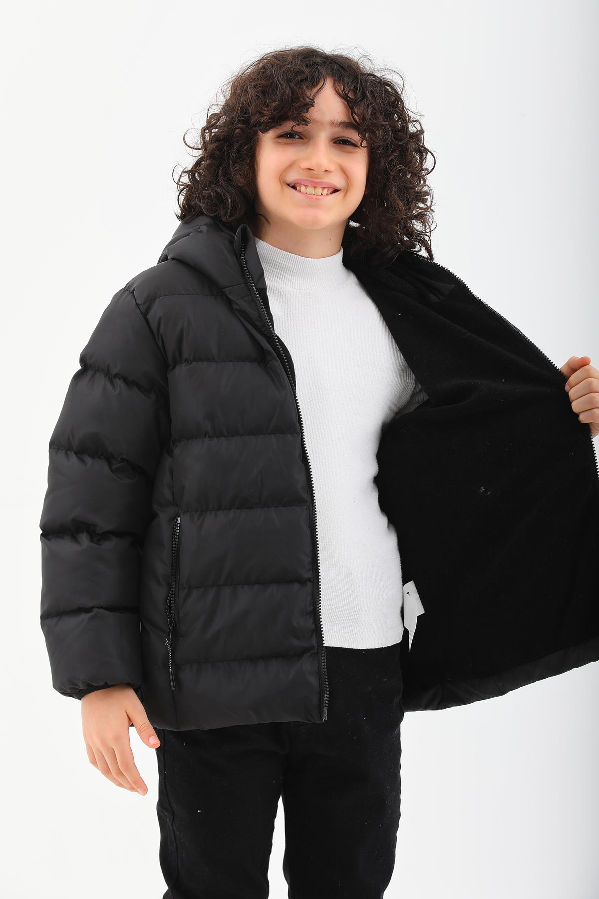 Kız Erkek Çocuk Siyah Su Geçirmez İç Polarlı Kışlık Mont DPRBC015