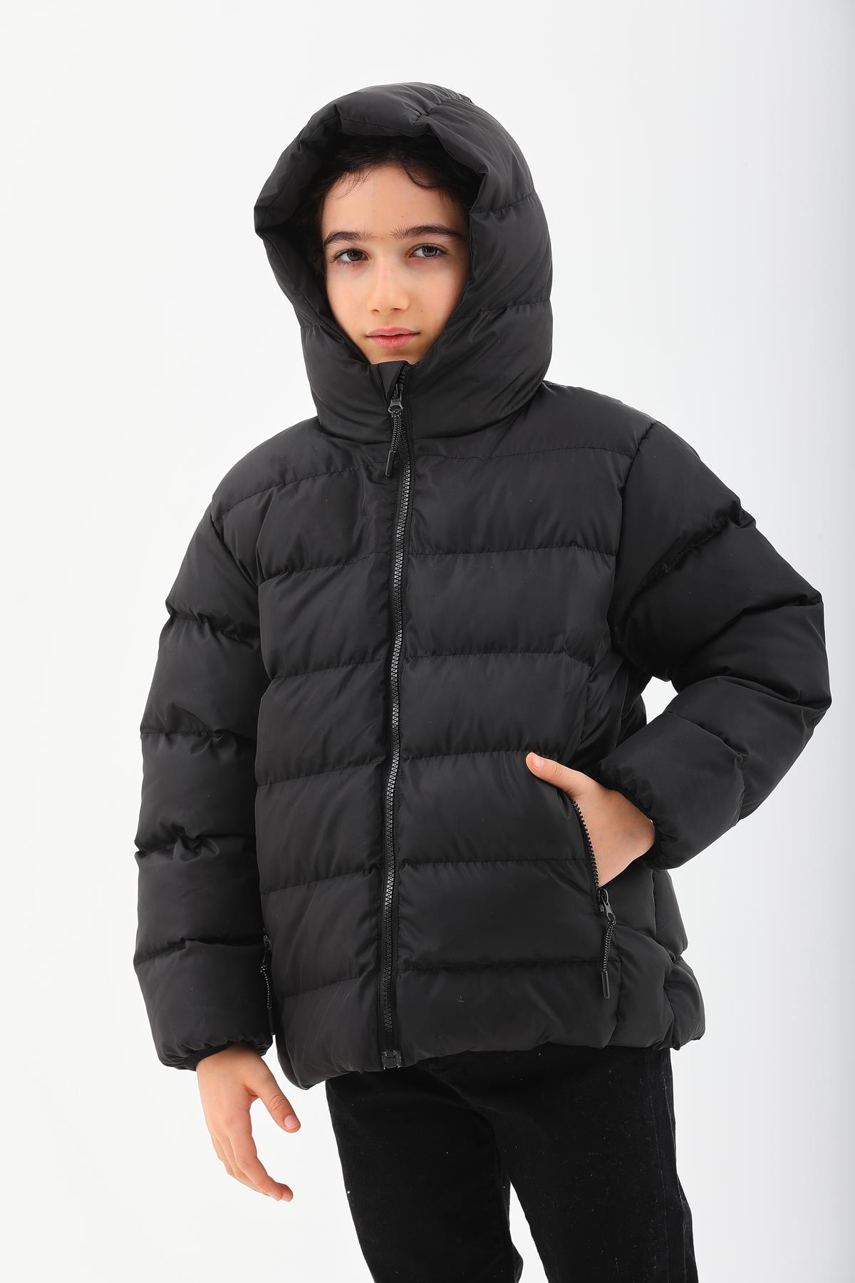 Kız Erkek Çocuk Siyah Su Geçirmez İç Polarlı Kışlık Mont DPRBC015