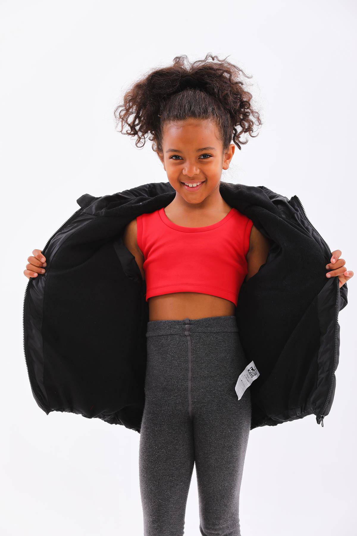 Kız Erkek Çocuk Siyah Su Geçirmez İç Polarlı Kışlık Mont DPRBC014